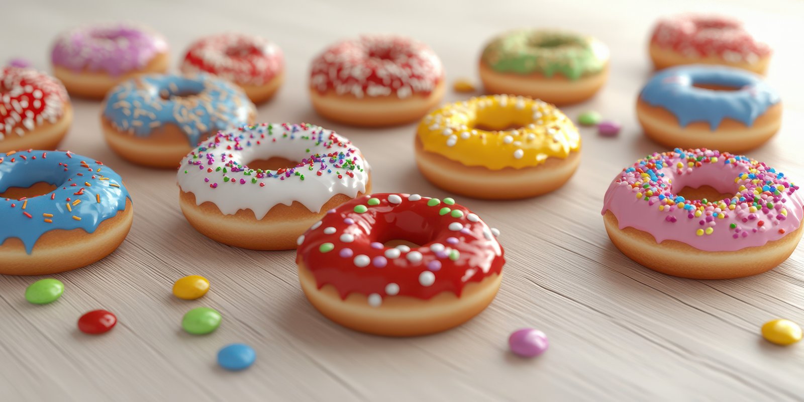 Colorful donuts with icing and sprinkles arranged on a wooden table, inviting and delightful